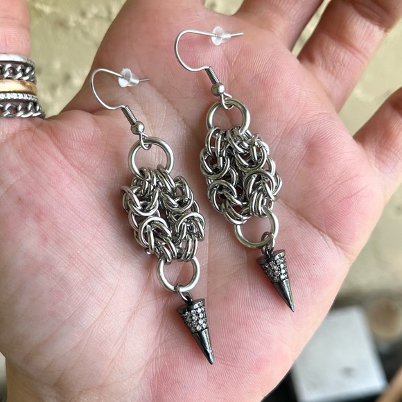 Handmade maille cz black spike dangly stainless steel earrings boho goth silver - Picture 7 of 13